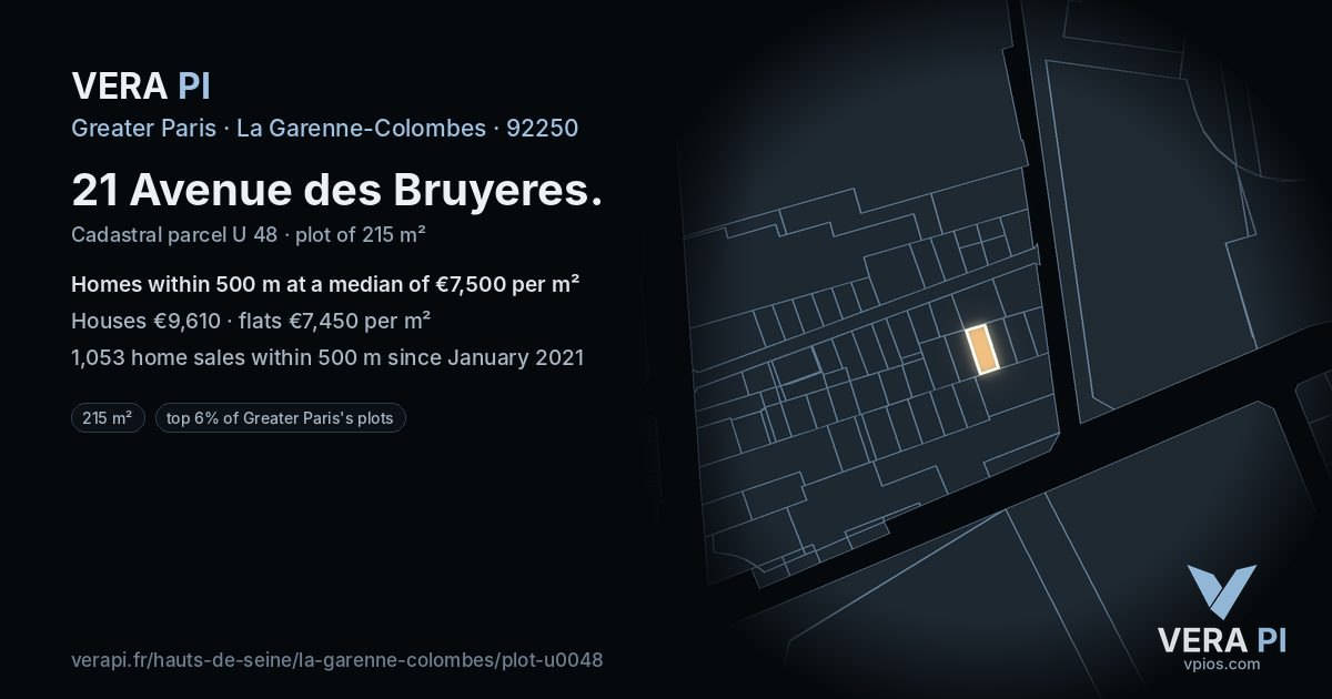 21 Avenue des Bruyeres, La Garenne-Colombes at night – the plot lit, the parcels around coloured by the prices near them