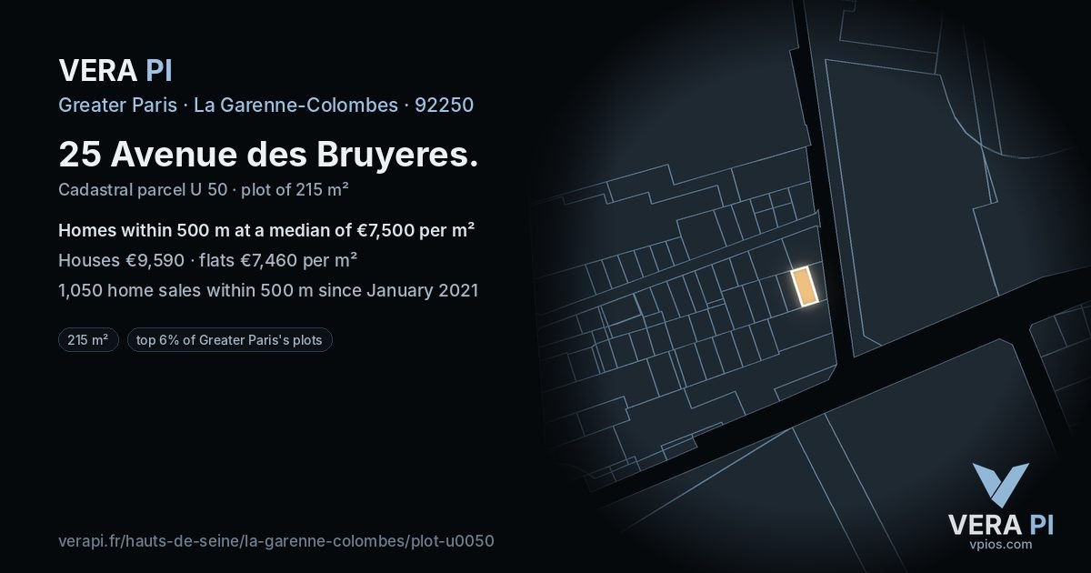 25 Avenue des Bruyeres, La Garenne-Colombes at night – the plot lit, the parcels around coloured by the prices near them
