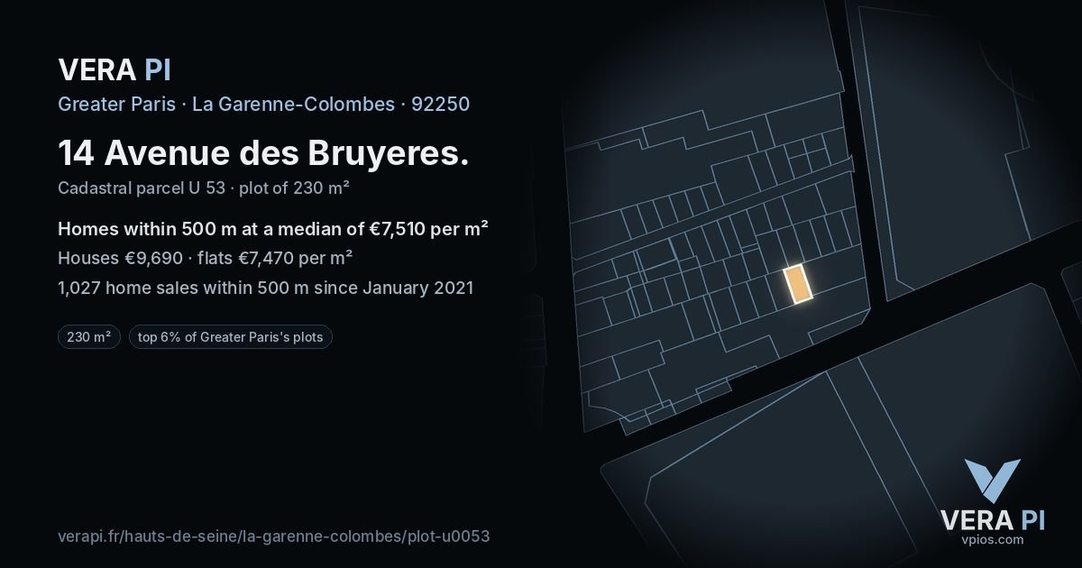 14 Avenue des Bruyeres, La Garenne-Colombes at night – the plot lit, the parcels around coloured by the prices near them