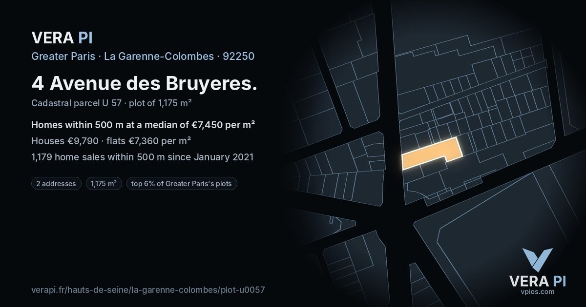 4 Avenue des Bruyeres, La Garenne-Colombes at night – the plot lit, the parcels around coloured by the prices near them