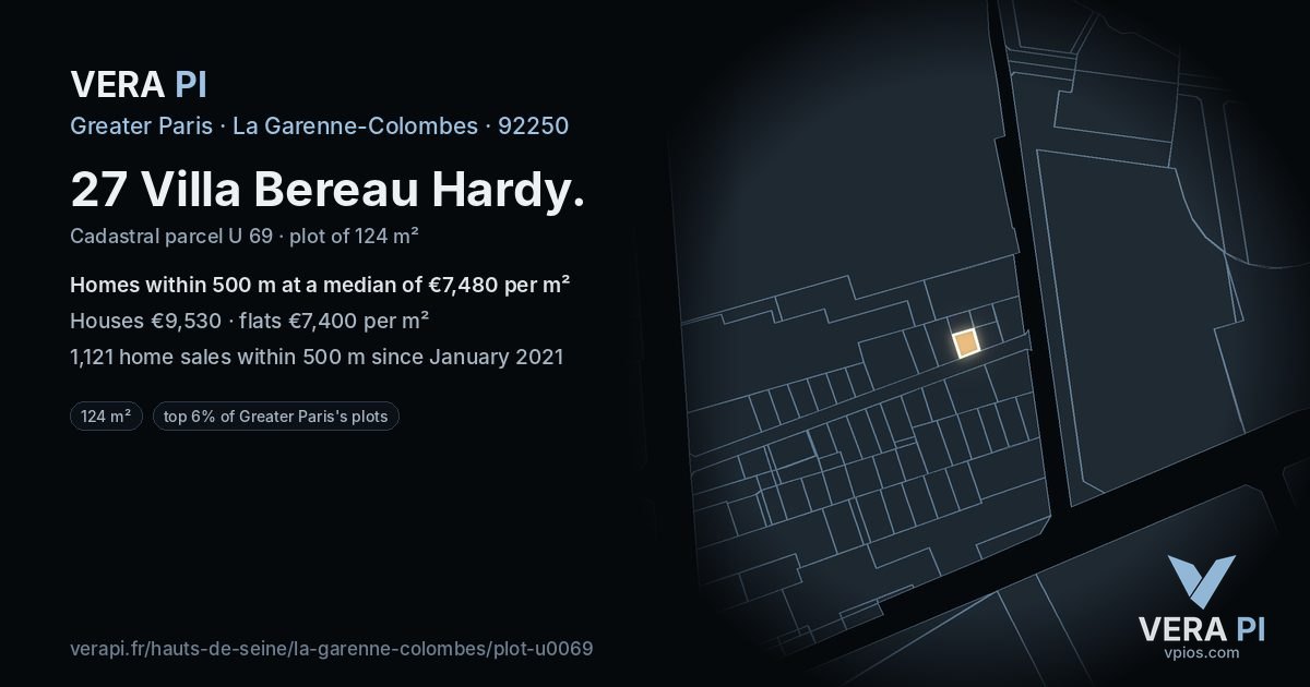 27 Villa Bereau Hardy, La Garenne-Colombes at night – the plot lit, the parcels around coloured by the prices near them