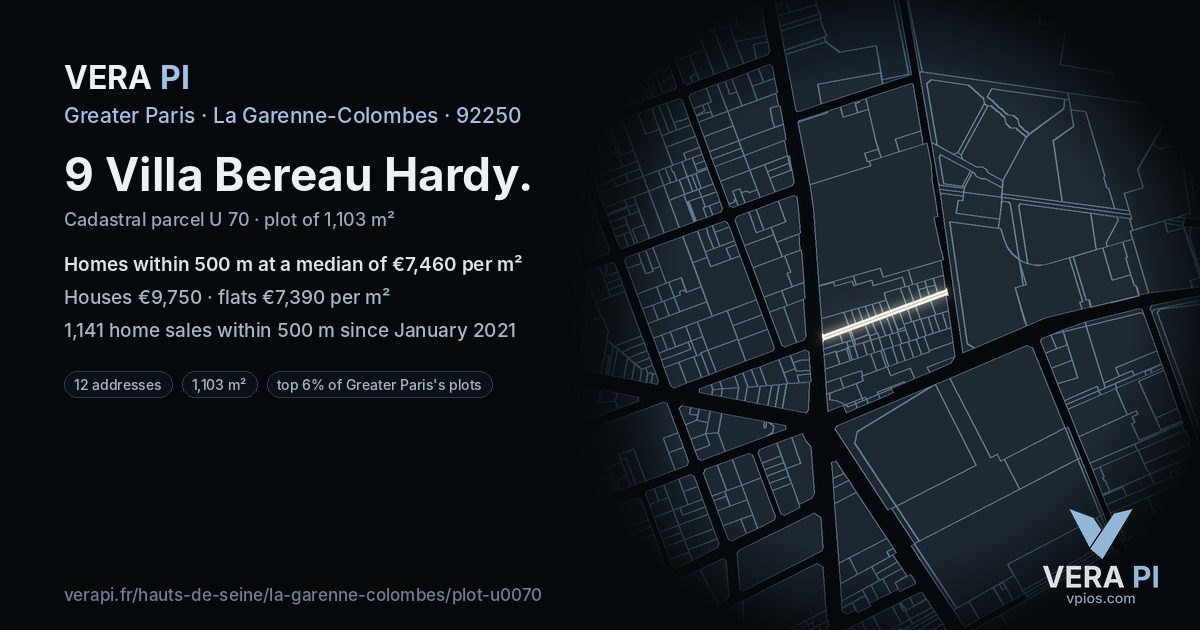 9 Villa Bereau Hardy, La Garenne-Colombes at night – the plot lit, the parcels around coloured by the prices near them