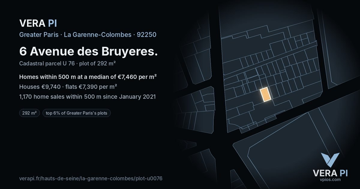 6 Avenue des Bruyeres, La Garenne-Colombes at night – the plot lit, the parcels around coloured by the prices near them