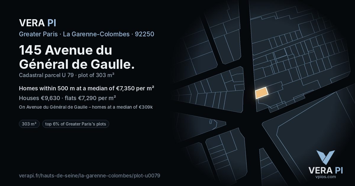 145 Avenue du Général de Gaulle, La Garenne-Colombes at night – the plot lit, the parcels around coloured by the prices near them