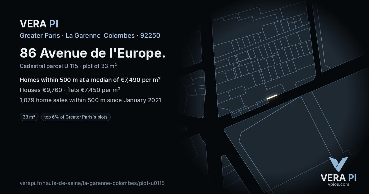 86 Avenue de l'Europe, La Garenne-Colombes at night – the plot lit, the parcels around coloured by the prices near them