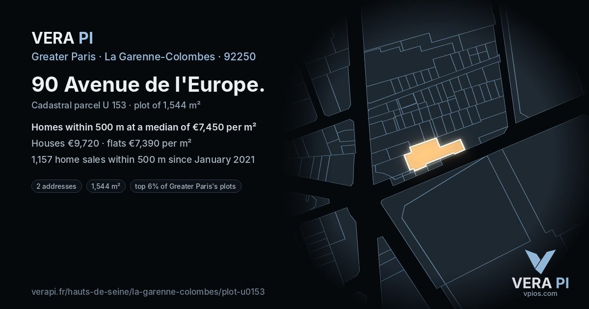 90 Avenue de l'Europe, La Garenne-Colombes at night – the plot lit, the parcels around coloured by the prices near them