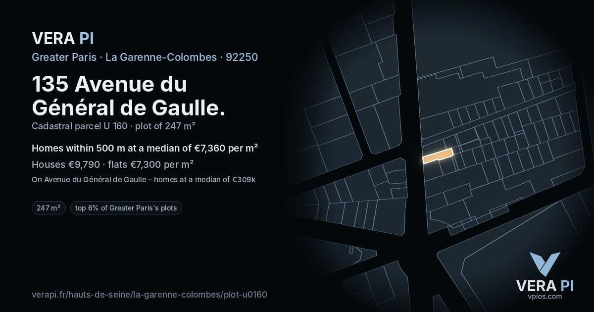 135 Avenue du Général de Gaulle, La Garenne-Colombes at night – the plot lit, the parcels around coloured by the prices near them