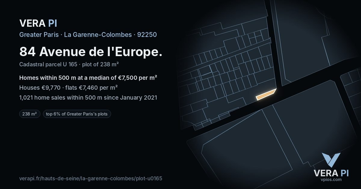 84 Avenue de l'Europe, La Garenne-Colombes at night – the plot lit, the parcels around coloured by the prices near them