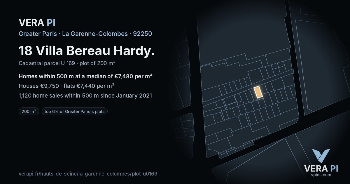 18 Villa Bereau Hardy, La Garenne-Colombes at night – the plot lit, the parcels around coloured by the prices near them