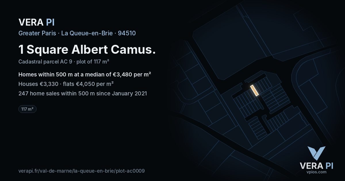 1 Square Albert Camus, La Queue-en-Brie at night – the plot lit, the parcels around coloured by the prices near them