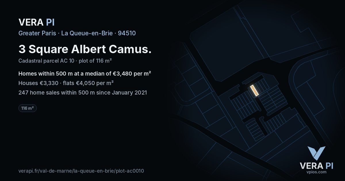 3 Square Albert Camus, La Queue-en-Brie at night – the plot lit, the parcels around coloured by the prices near them
