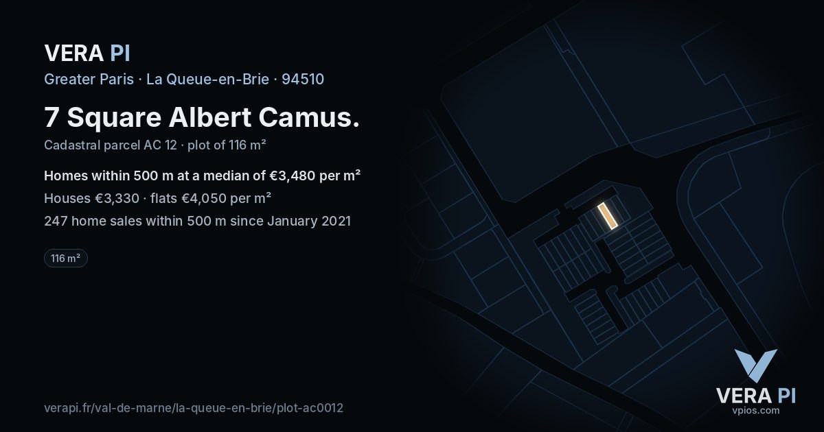 7 Square Albert Camus, La Queue-en-Brie at night – the plot lit, the parcels around coloured by the prices near them
