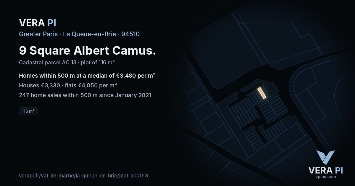 9 Square Albert Camus, La Queue-en-Brie at night – the plot lit, the parcels around coloured by the prices near them