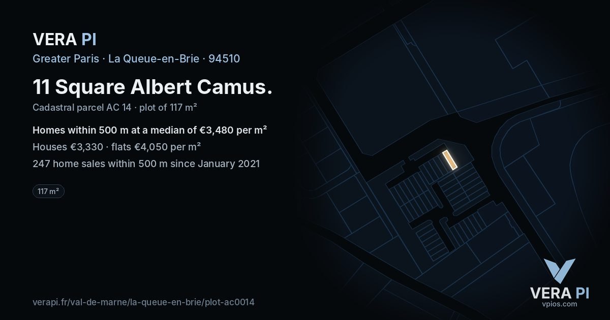 11 Square Albert Camus, La Queue-en-Brie at night – the plot lit, the parcels around coloured by the prices near them