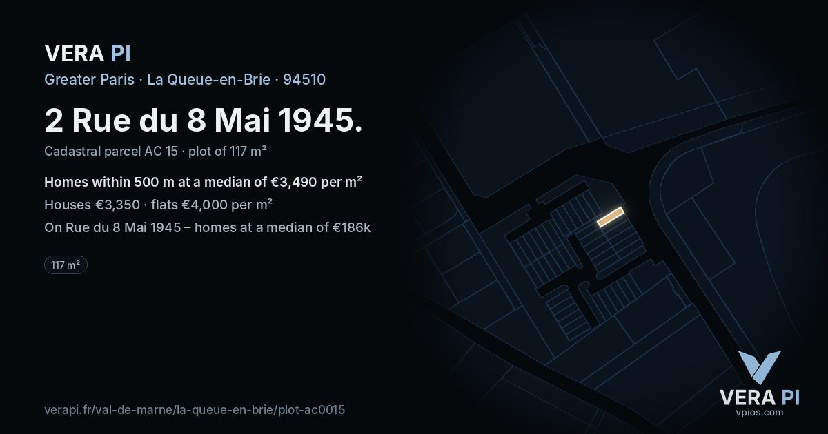 2 Rue du 8 Mai 1945, La Queue-en-Brie at night – the plot lit, the parcels around coloured by the prices near them
