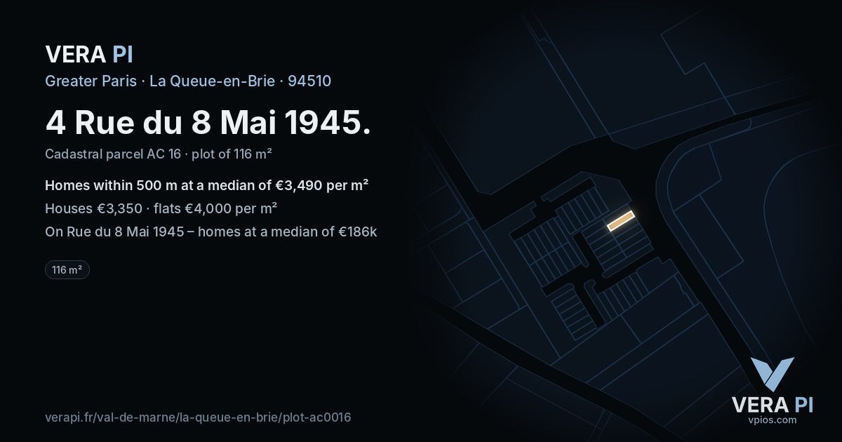 4 Rue du 8 Mai 1945, La Queue-en-Brie at night – the plot lit, the parcels around coloured by the prices near them