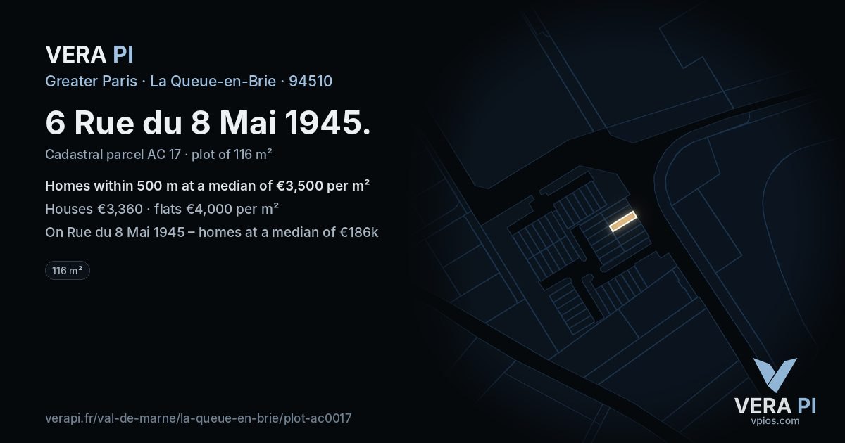 6 Rue du 8 Mai 1945, La Queue-en-Brie at night – the plot lit, the parcels around coloured by the prices near them