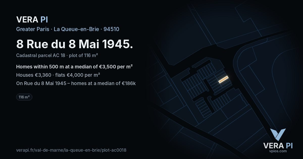 8 Rue du 8 Mai 1945, La Queue-en-Brie at night – the plot lit, the parcels around coloured by the prices near them