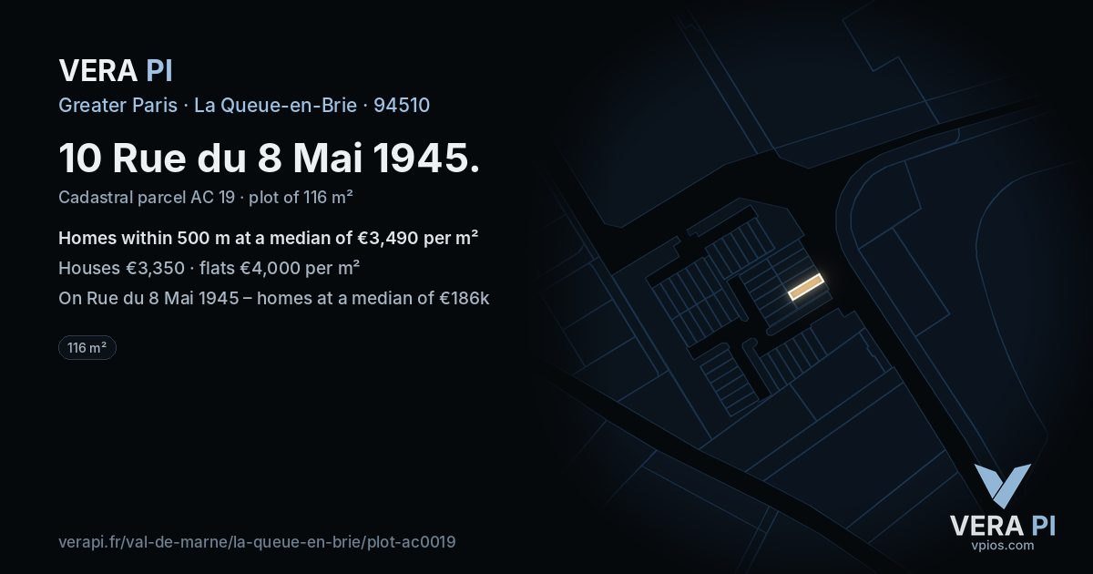 10 Rue du 8 Mai 1945, La Queue-en-Brie at night – the plot lit, the parcels around coloured by the prices near them
