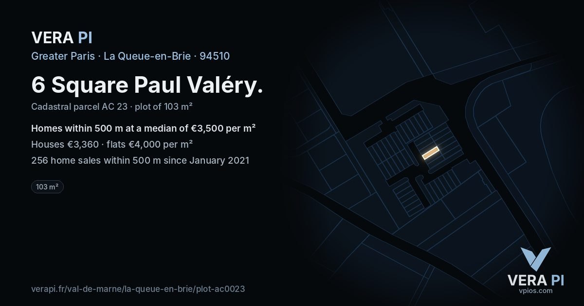 6 Square Paul Valéry, La Queue-en-Brie at night – the plot lit, the parcels around coloured by the prices near them