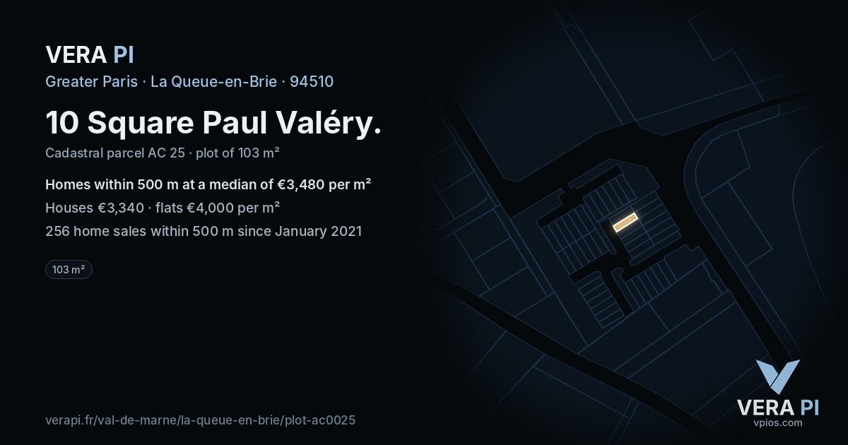 10 Square Paul Valéry, La Queue-en-Brie at night – the plot lit, the parcels around coloured by the prices near them