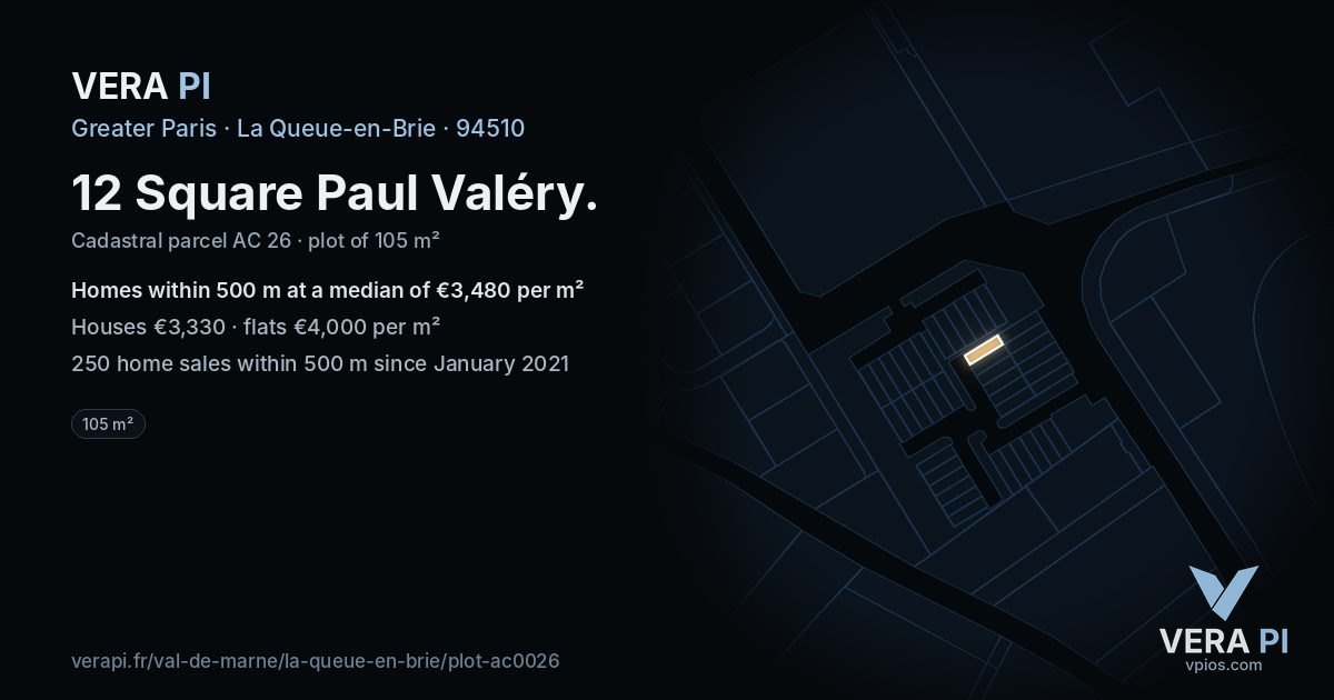 12 Square Paul Valéry, La Queue-en-Brie at night – the plot lit, the parcels around coloured by the prices near them