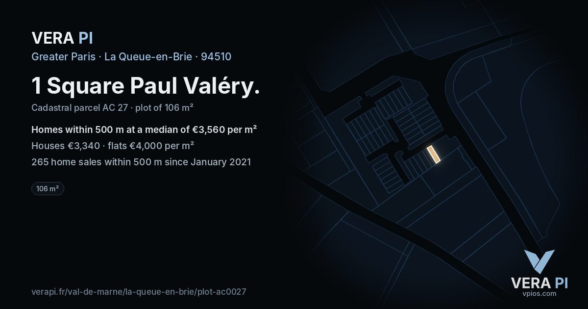 1 Square Paul Valéry, La Queue-en-Brie at night – the plot lit, the parcels around coloured by the prices near them