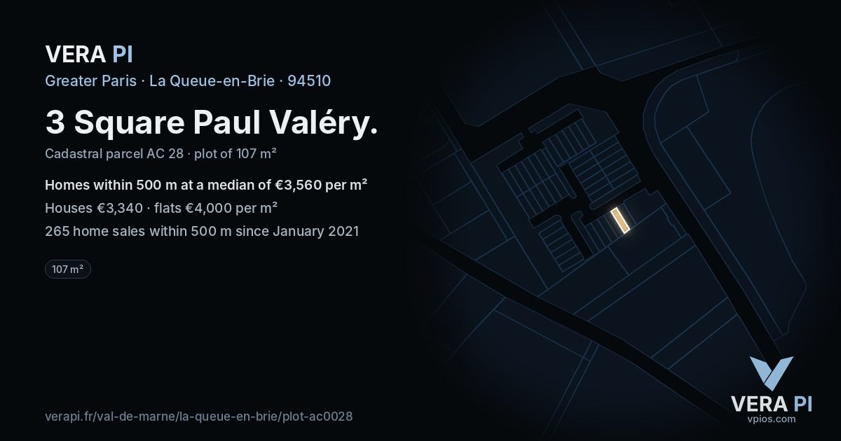 3 Square Paul Valéry, La Queue-en-Brie at night – the plot lit, the parcels around coloured by the prices near them