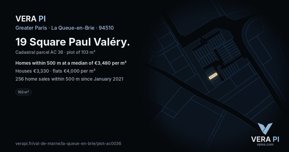 19 Square Paul Valéry, La Queue-en-Brie at night – the plot lit, the parcels around coloured by the prices near them