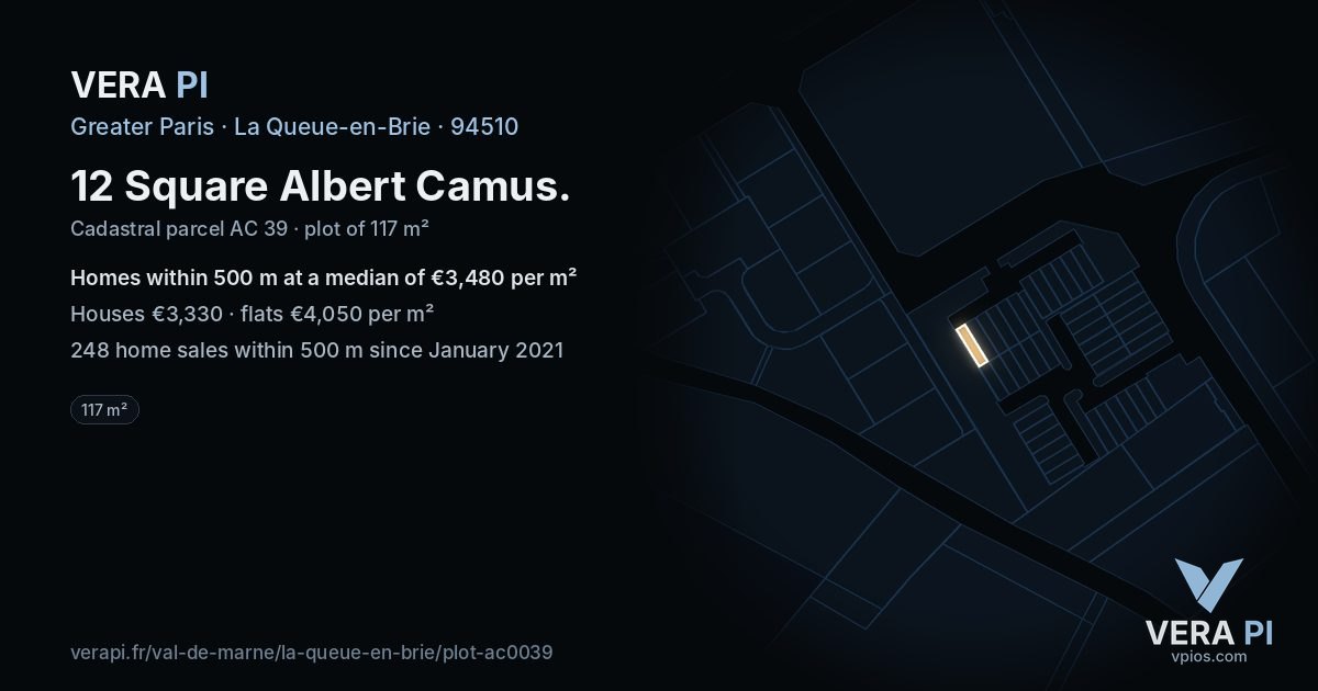 12 Square Albert Camus, La Queue-en-Brie at night – the plot lit, the parcels around coloured by the prices near them