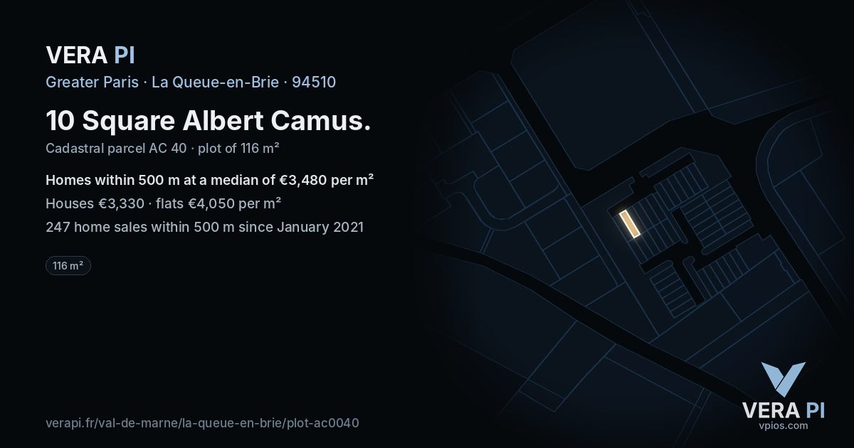 10 Square Albert Camus, La Queue-en-Brie at night – the plot lit, the parcels around coloured by the prices near them