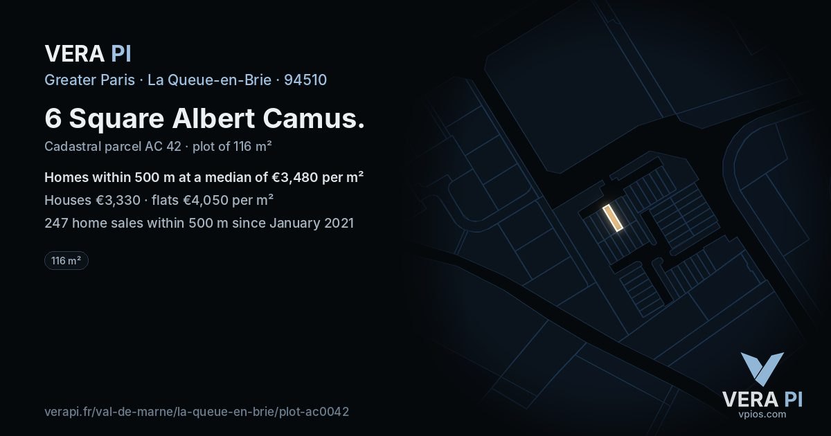 6 Square Albert Camus, La Queue-en-Brie at night – the plot lit, the parcels around coloured by the prices near them