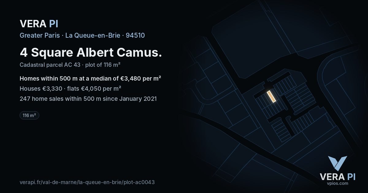 4 Square Albert Camus, La Queue-en-Brie at night – the plot lit, the parcels around coloured by the prices near them
