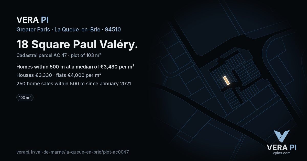 18 Square Paul Valéry, La Queue-en-Brie at night – the plot lit, the parcels around coloured by the prices near them