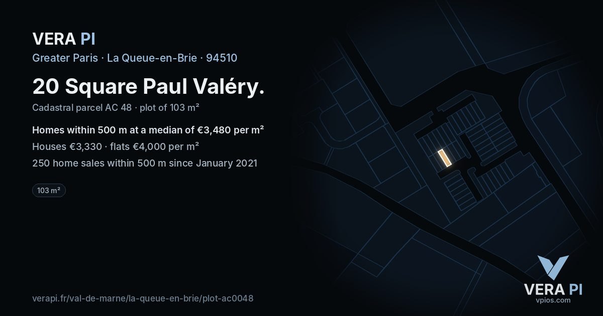 20 Square Paul Valéry, La Queue-en-Brie at night – the plot lit, the parcels around coloured by the prices near them