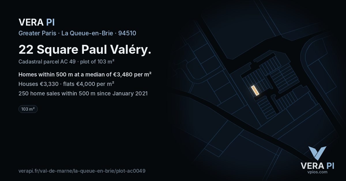 22 Square Paul Valéry, La Queue-en-Brie at night – the plot lit, the parcels around coloured by the prices near them