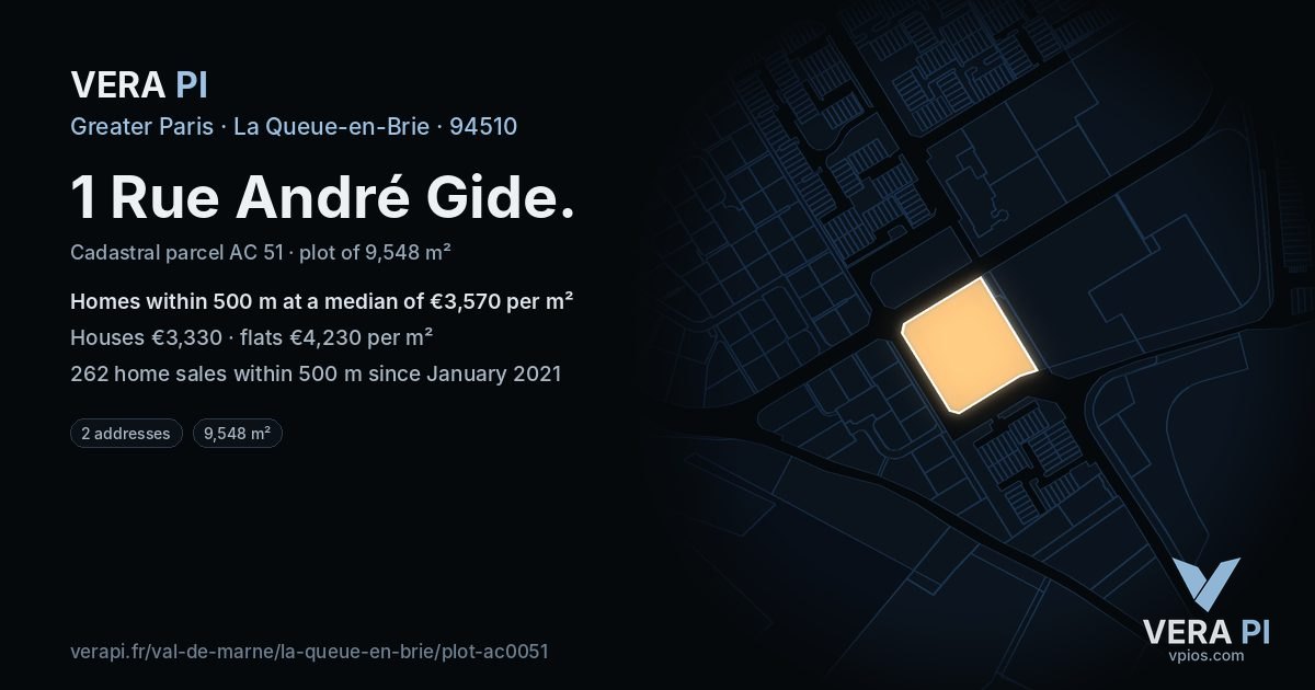1 Rue André Gide, La Queue-en-Brie at night – the plot lit, the parcels around coloured by the prices near them