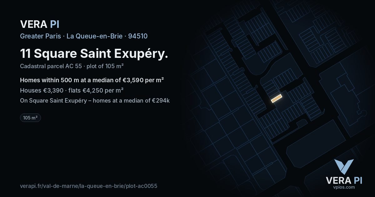 11 Square Saint Exupéry, La Queue-en-Brie at night – the plot lit, the parcels around coloured by the prices near them
