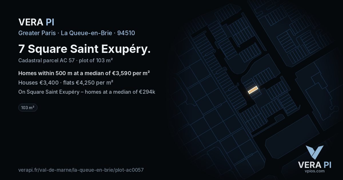 7 Square Saint Exupéry, La Queue-en-Brie at night – the plot lit, the parcels around coloured by the prices near them
