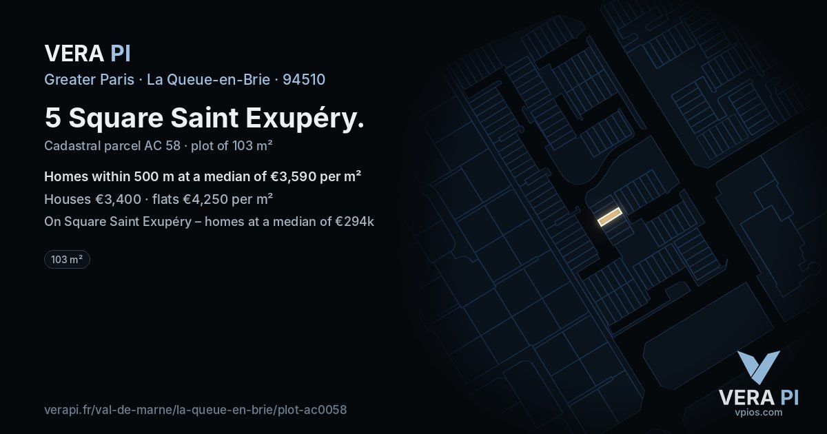 5 Square Saint Exupéry, La Queue-en-Brie at night – the plot lit, the parcels around coloured by the prices near them
