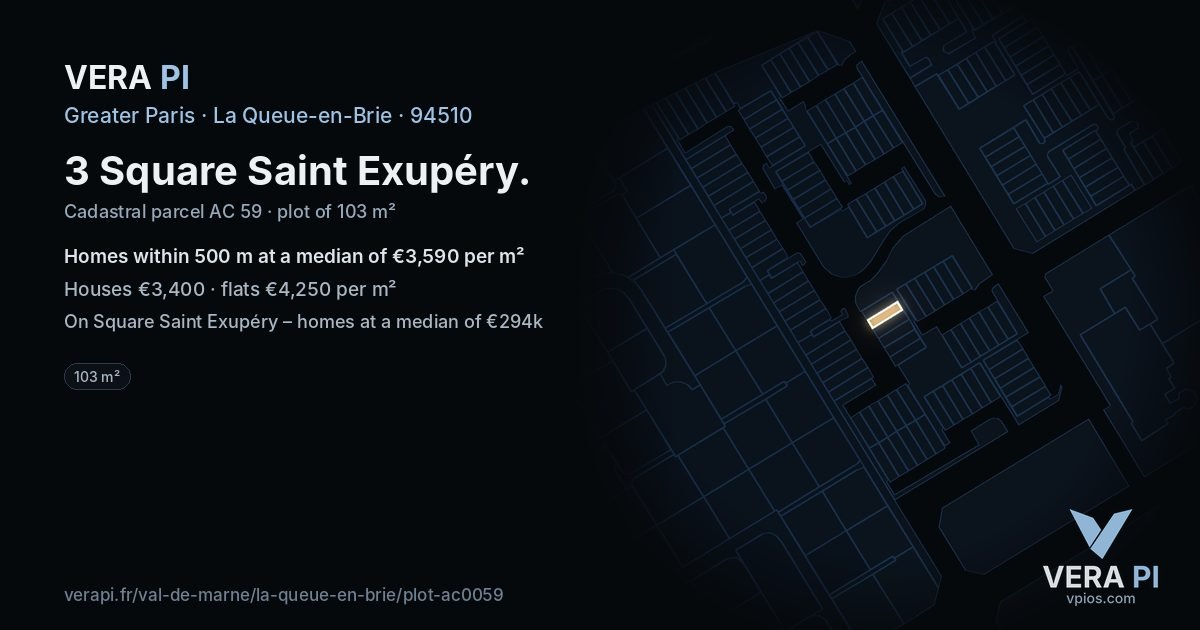 3 Square Saint Exupéry, La Queue-en-Brie at night – the plot lit, the parcels around coloured by the prices near them