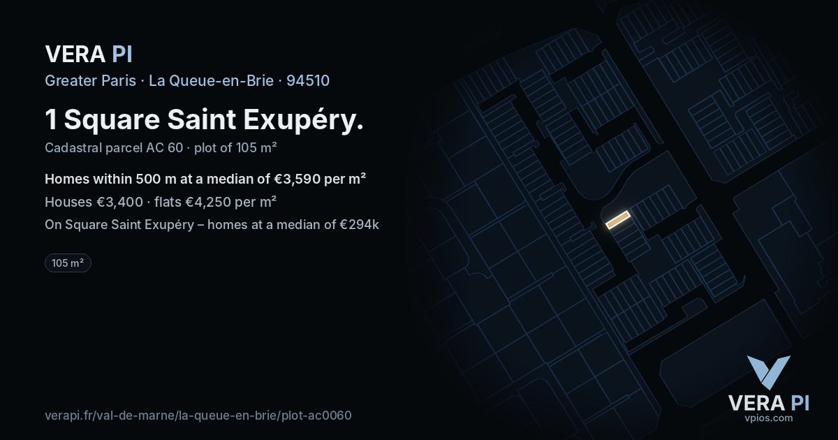1 Square Saint Exupéry, La Queue-en-Brie at night – the plot lit, the parcels around coloured by the prices near them
