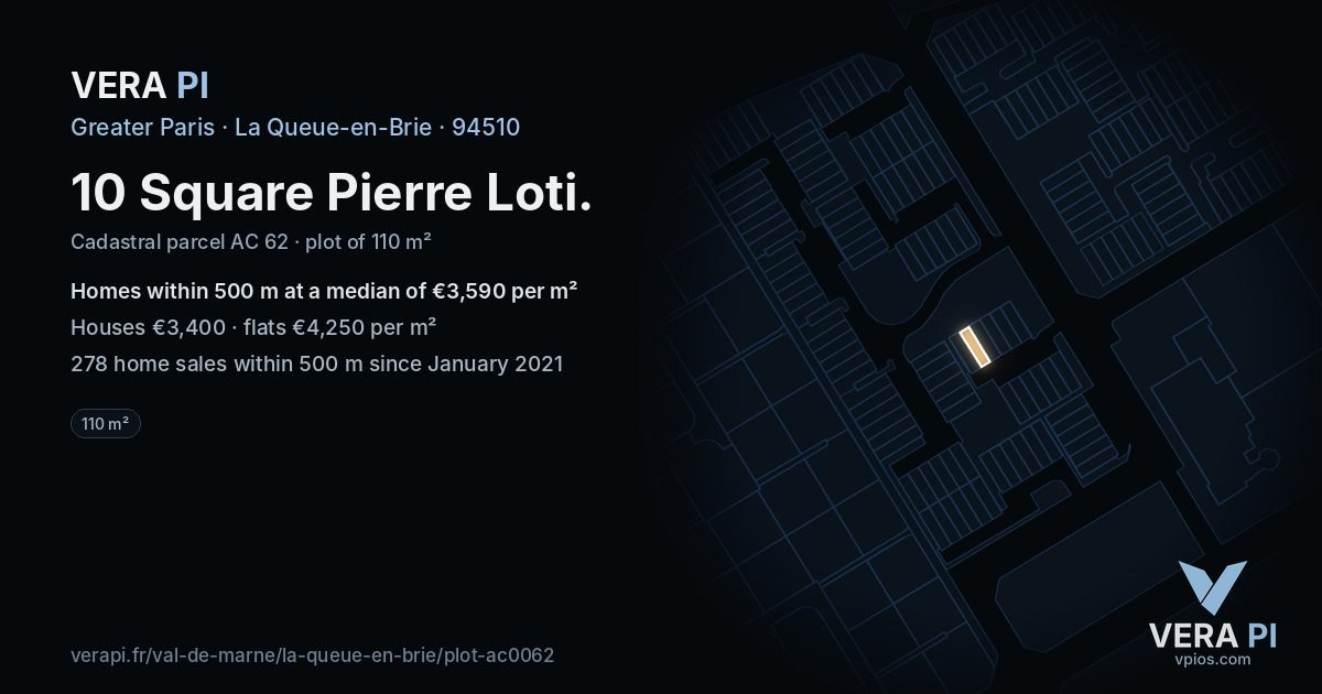 10 Square Pierre Loti, La Queue-en-Brie at night – the plot lit, the parcels around coloured by the prices near them