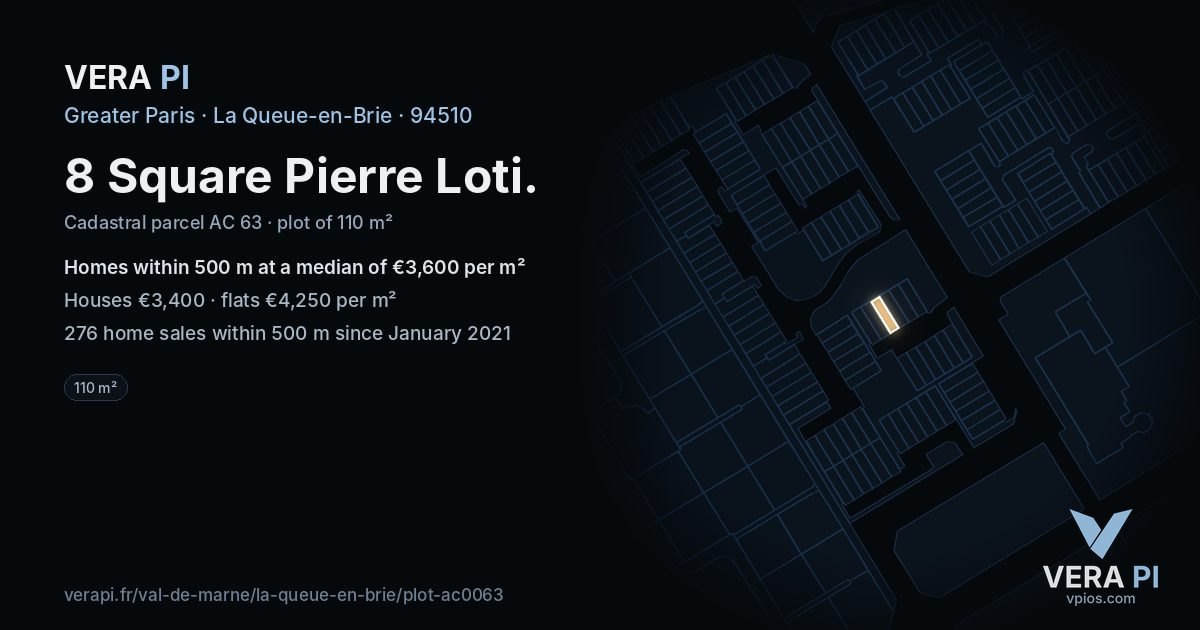8 Square Pierre Loti, La Queue-en-Brie at night – the plot lit, the parcels around coloured by the prices near them