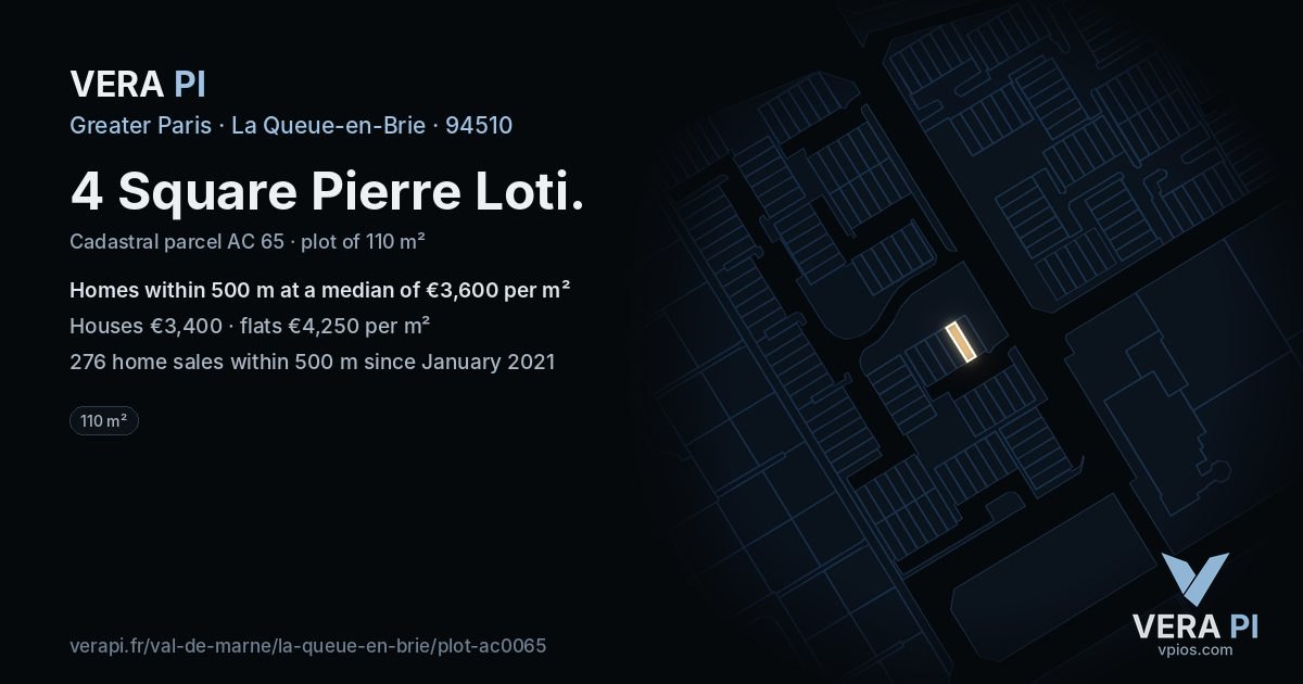 4 Square Pierre Loti, La Queue-en-Brie at night – the plot lit, the parcels around coloured by the prices near them