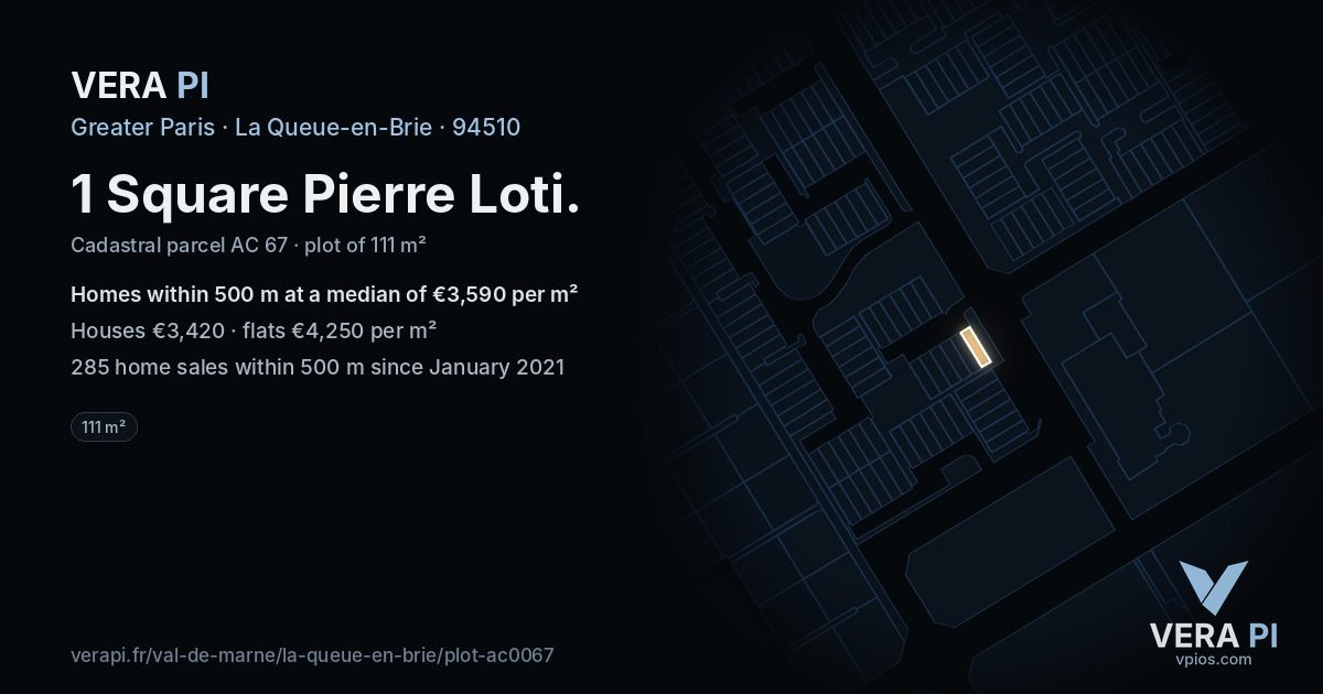1 Square Pierre Loti, La Queue-en-Brie at night – the plot lit, the parcels around coloured by the prices near them