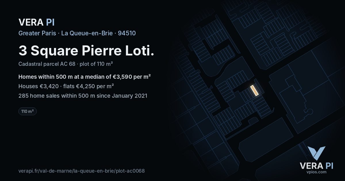 3 Square Pierre Loti, La Queue-en-Brie at night – the plot lit, the parcels around coloured by the prices near them