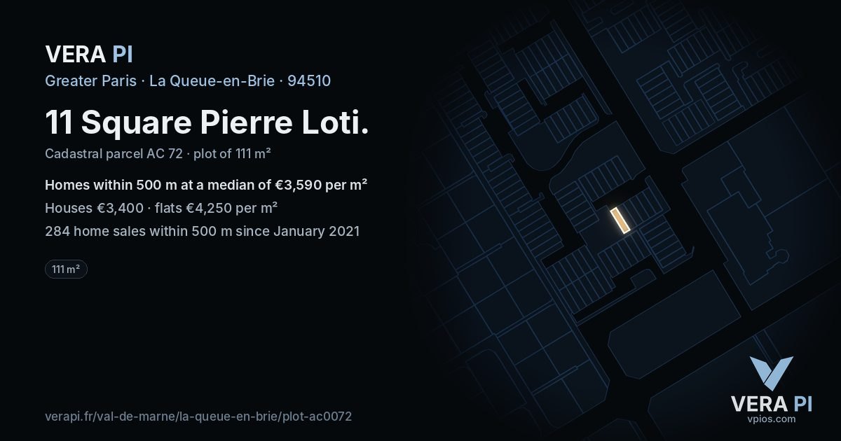 11 Square Pierre Loti, La Queue-en-Brie at night – the plot lit, the parcels around coloured by the prices near them