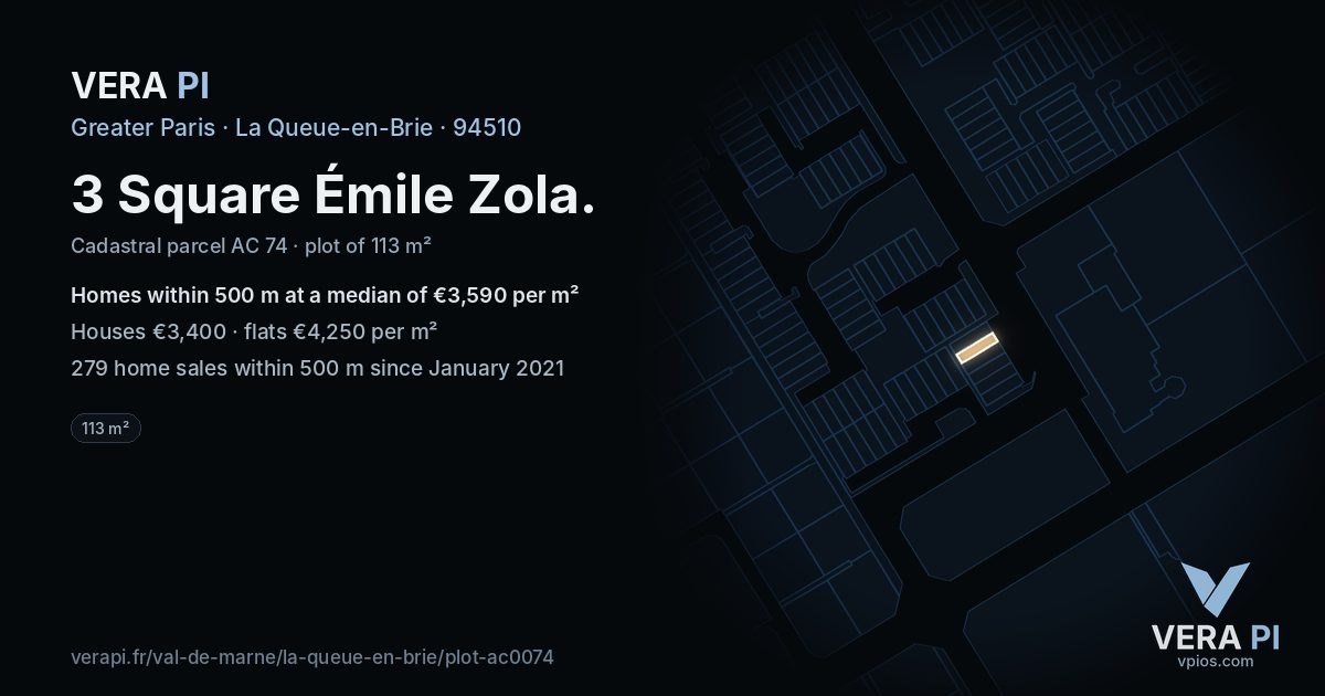 3 Square Émile Zola, La Queue-en-Brie at night – the plot lit, the parcels around coloured by the prices near them