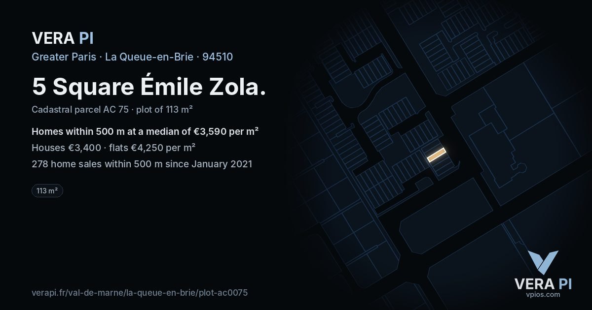5 Square Émile Zola, La Queue-en-Brie at night – the plot lit, the parcels around coloured by the prices near them